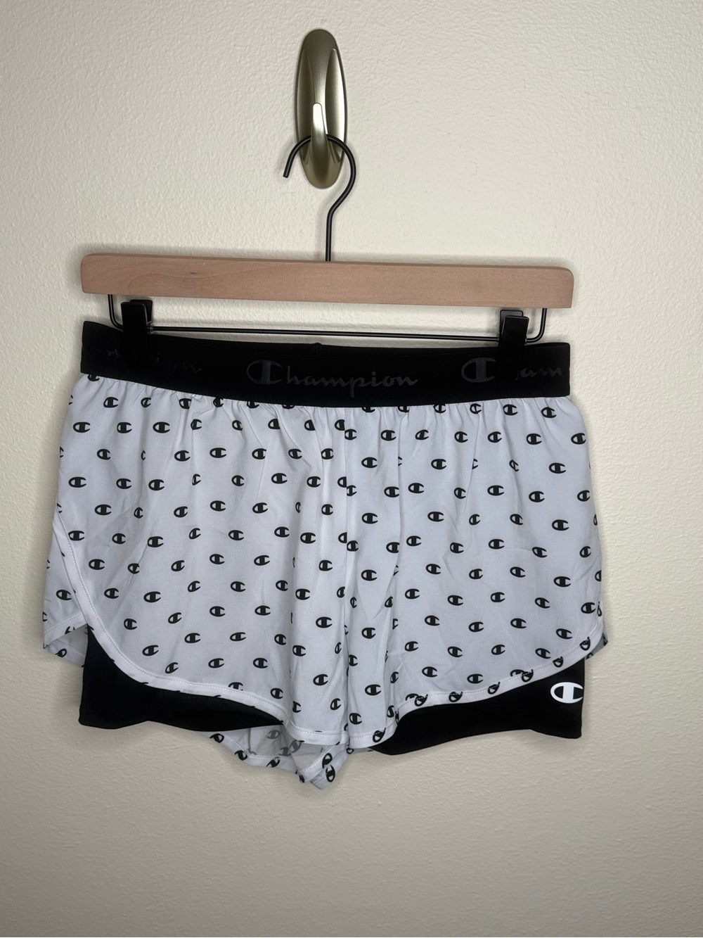 NWT Champion Women’s 2-in-1 Running Shorts M Black White Logo Print Athletic Gym